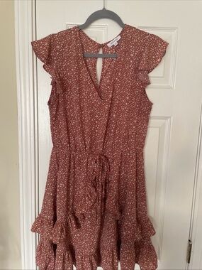 Rust Floral Ruffle Tie-Waist Dress